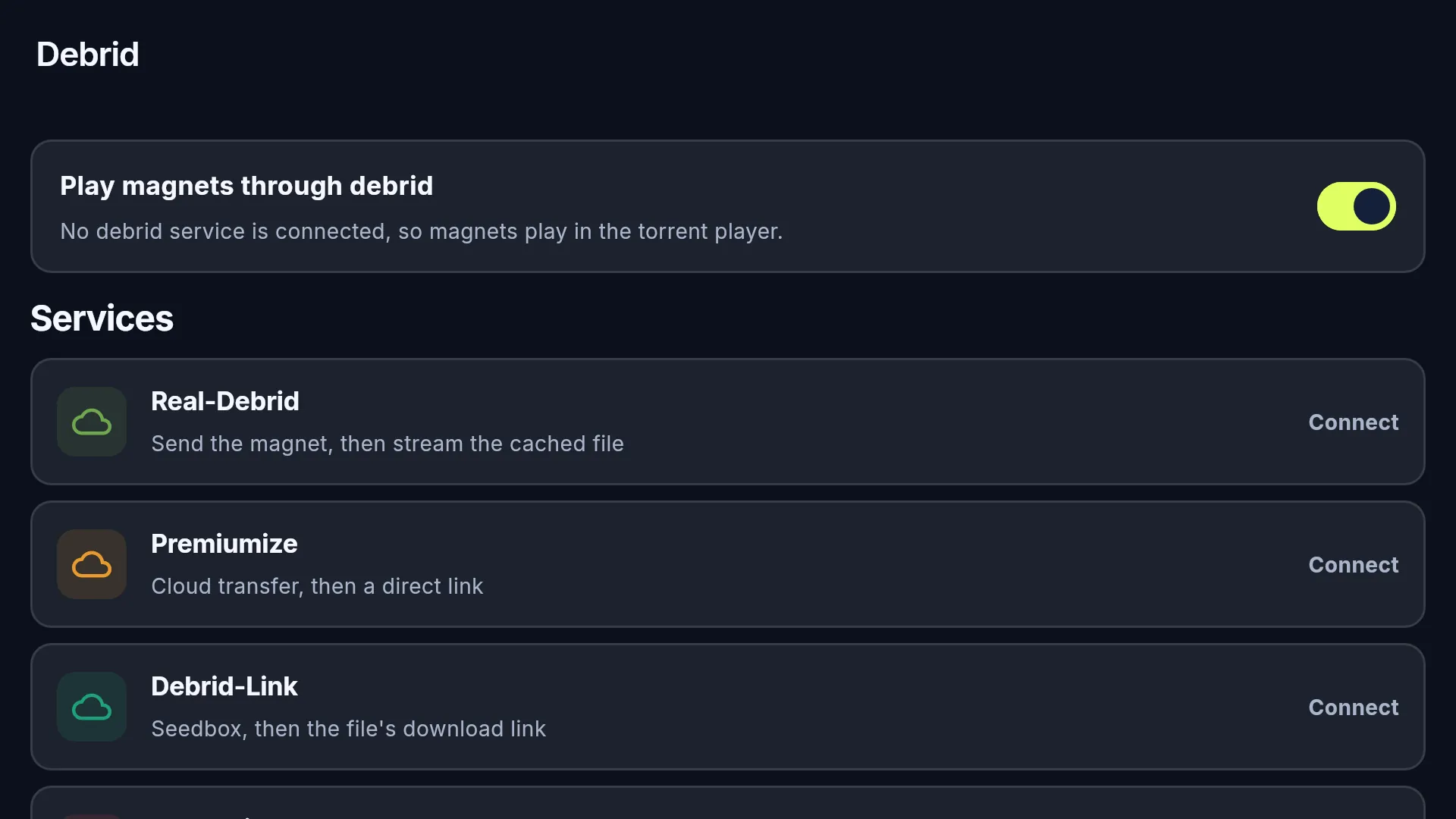 Debrid settings: the Play magnets through debrid switch above Real-Debrid, Premiumize and Debrid-Link with Connect buttons.
