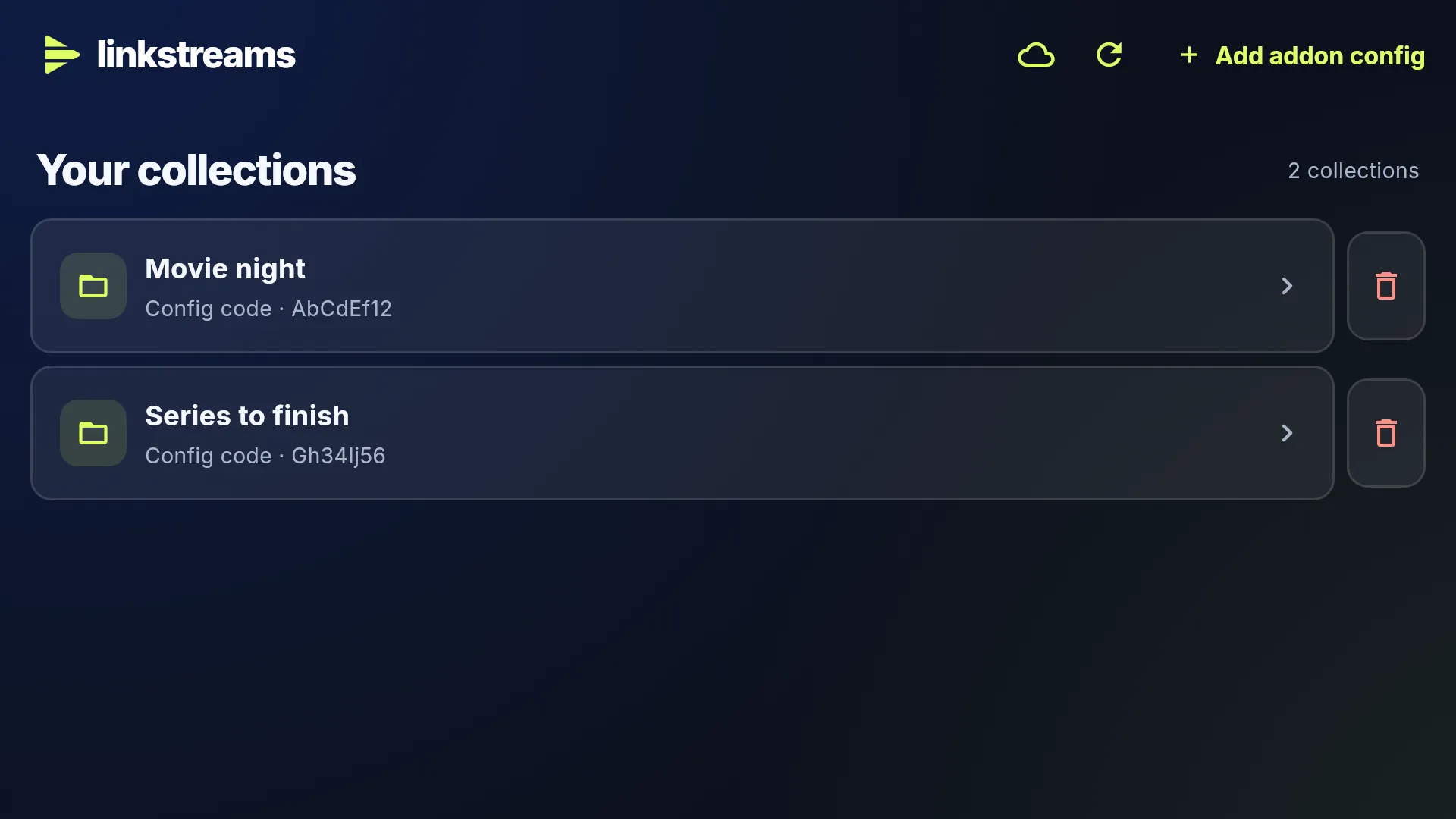 Home: two collections, Movie night and Series to finish, each with its config code, and an Add addon config button.