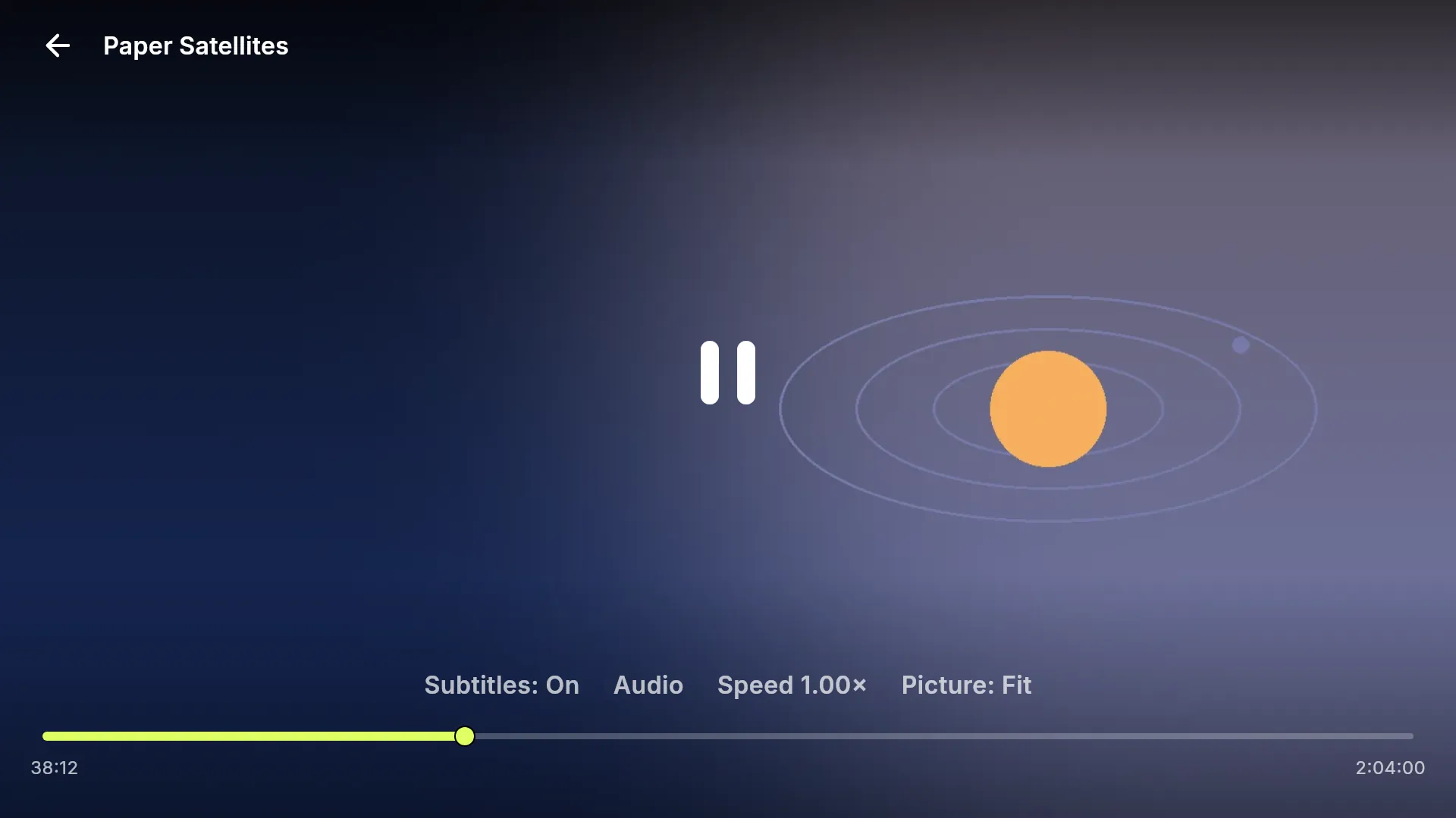 The player: title, pause button, a lime progress bar and buttons for subtitles, audio, speed and picture size.