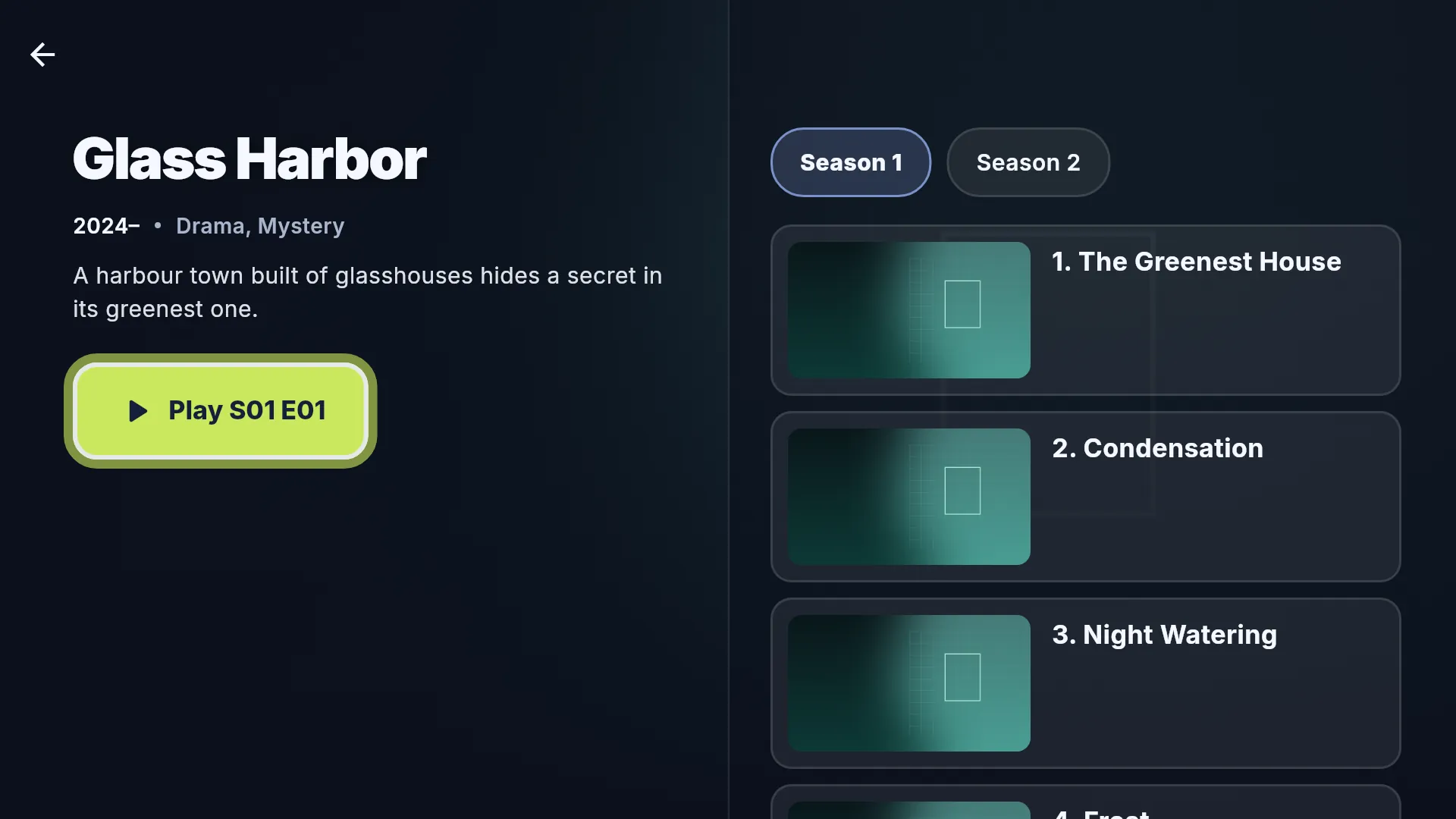 A series page: a Play S01 E01 button, season chips and a list of episodes.