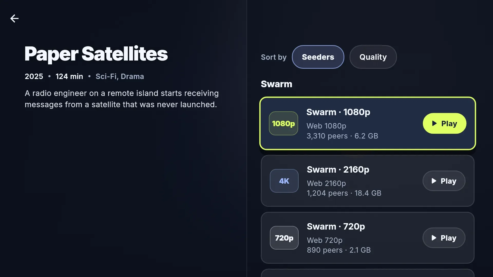 A film's page: streams listed with quality badges, peers and size, sortable by seeders or quality.
